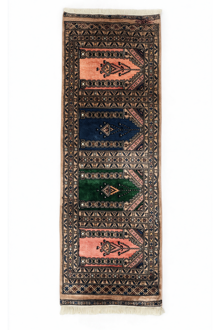 Camel and Salmon Saf Prayer Design, Hand-Knotted Wool Rug