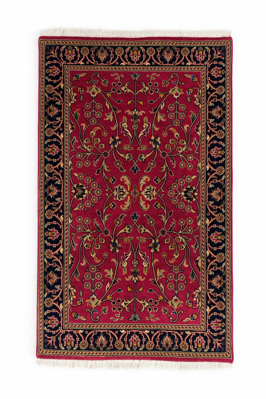 Crimson and Indigo Sarouk Floral, Hand-Knotted Wool Rug