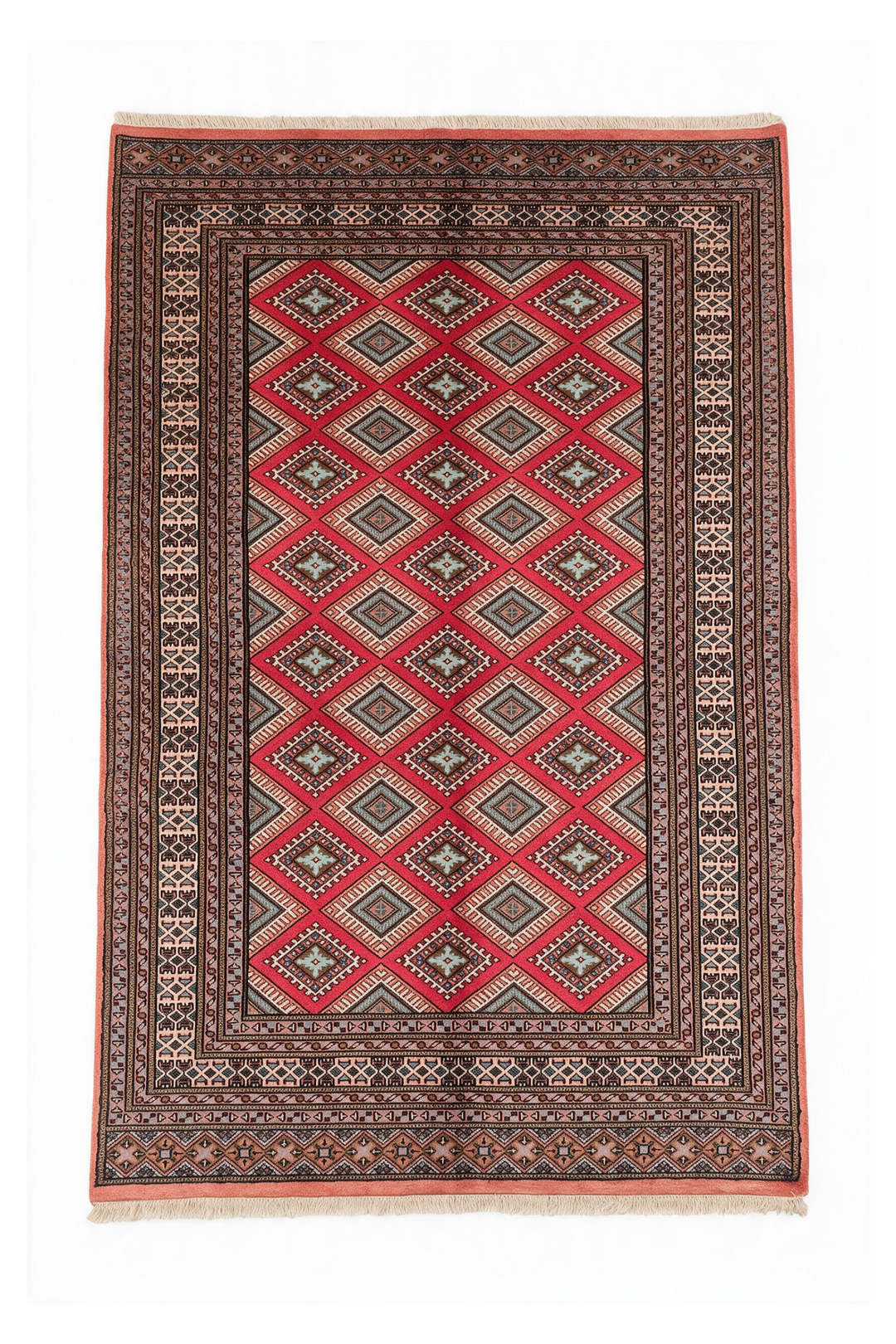 Crimson and Salmon Diamond Lattice, Hand-Knotted Wool Rug