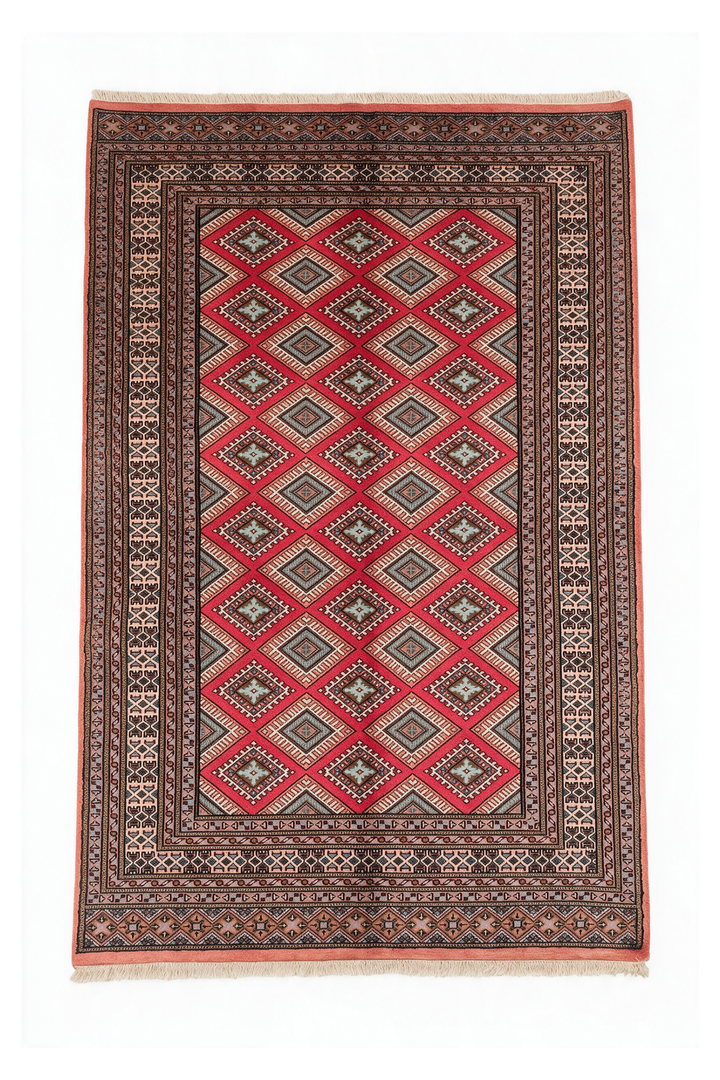 Crimson and Salmon Diamond Lattice, Hand-Knotted Wool Rug