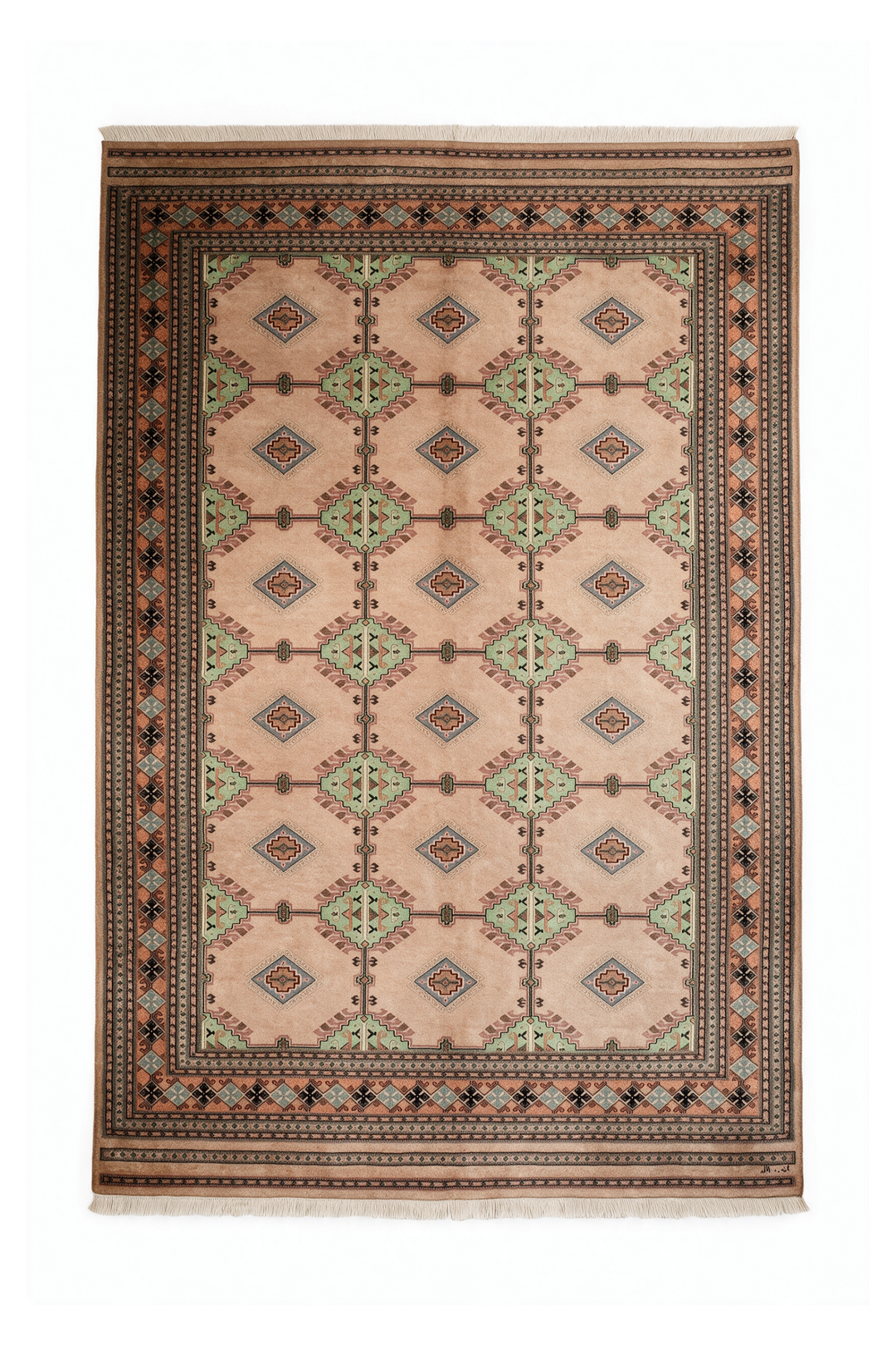 Blush Camel and Sage Alternating Lattice, Hand-Knotted Wool Rug