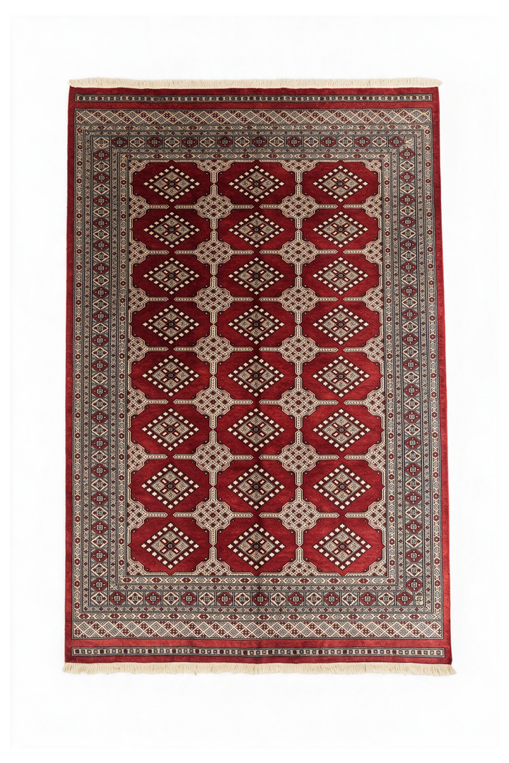 Brick Red and Cream Turkmen Gül Bokhara, Hand-Knotted Wool Rug