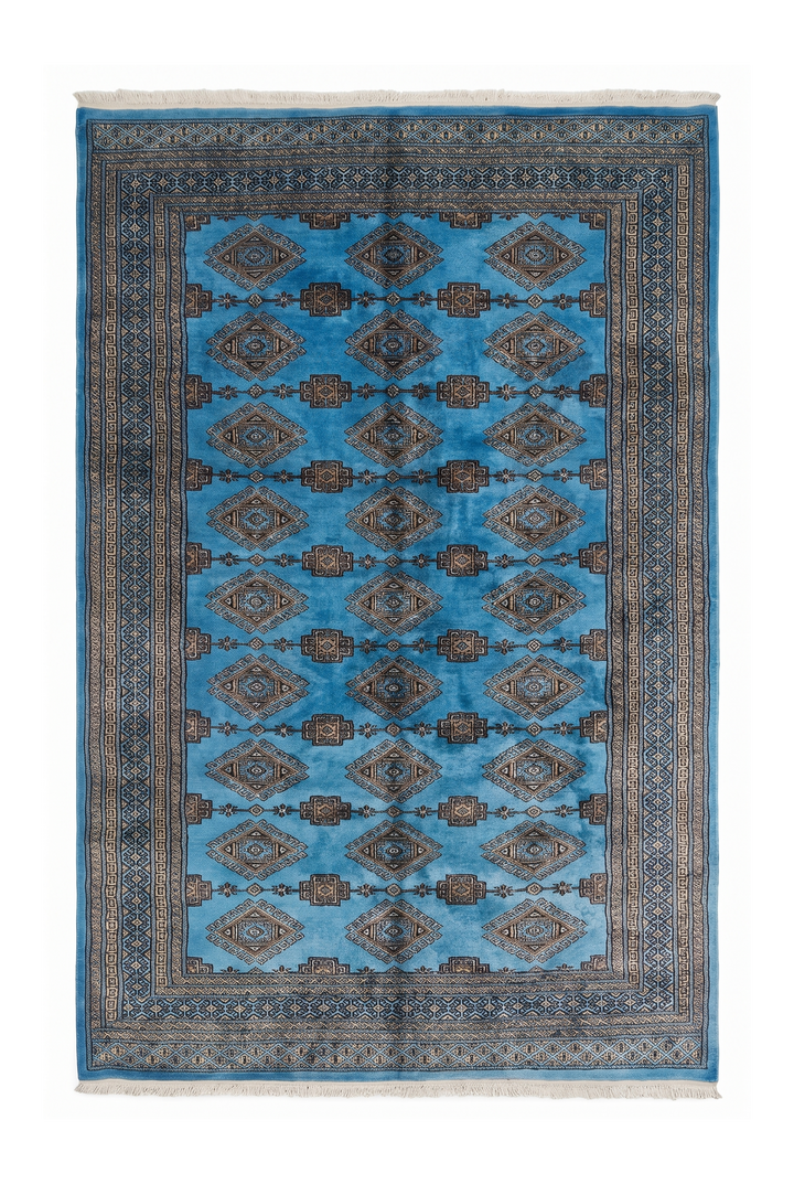 Azure Blue and Cream Jaldar Diamond Gül, Hand-Knotted Wool Rug