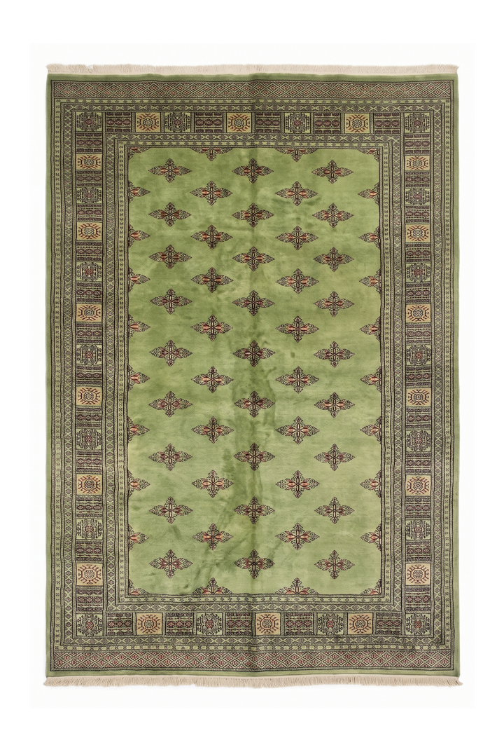 Olive Green Open Field Bokhara, Hand-Knotted Wool Rug