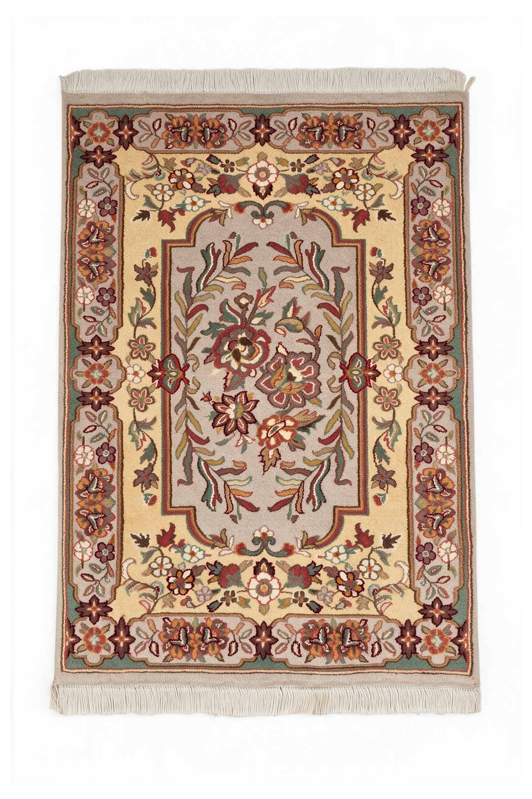 Butter Gold and Warm Grey French Floral Panel, Hand-Knotted Wool Rug