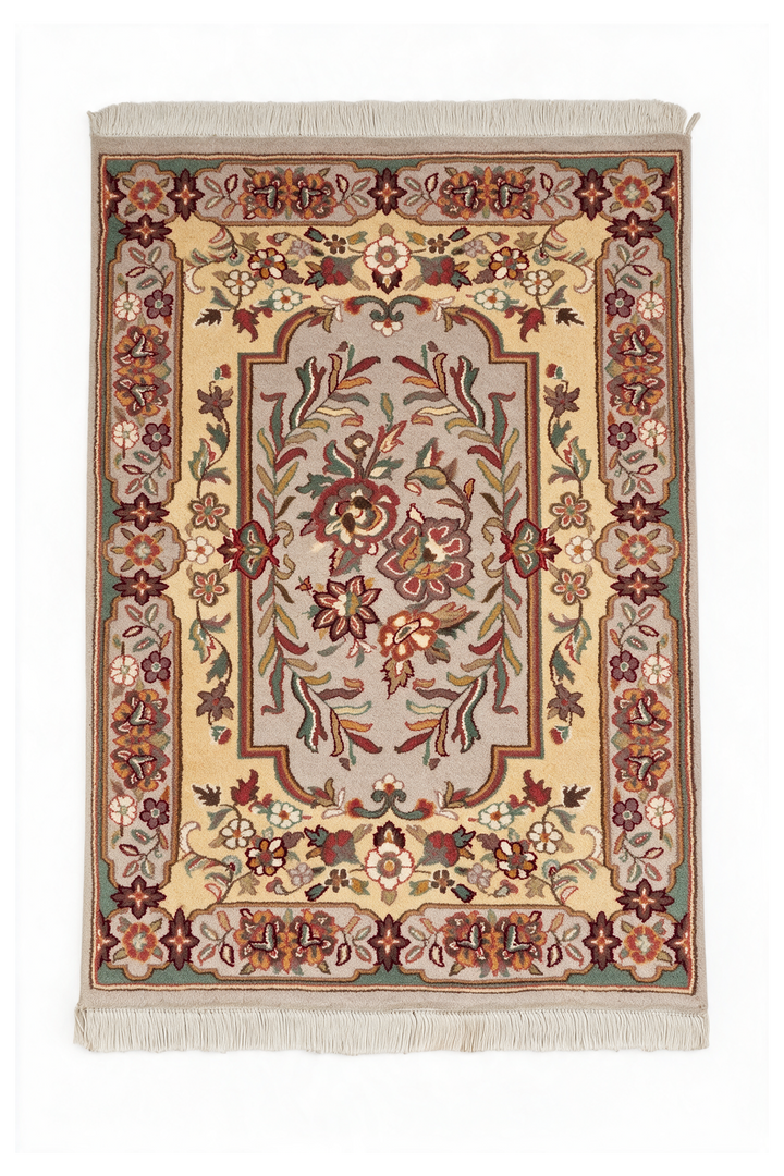 Butter Gold and Warm Grey French Floral Panel, Hand-Knotted Wool Rug