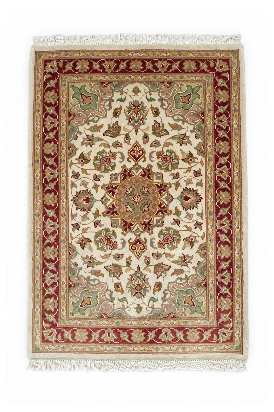 Ivory and Deep Red Tabriz Cloud Band Medallion, Hand-Knotted Wool and Silk Rug