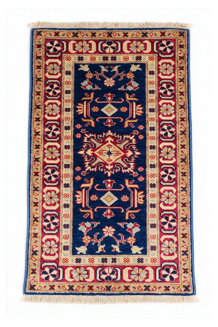 Navy and Red Caucasian Medallion Rug, Hand-Knotted Sherwan