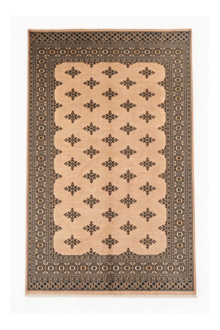 Peach Scattered Cross Bokhara, Hand-Knotted Wool Rug
