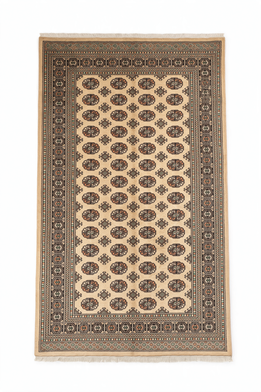 Warm Gold and Espresso Turkmen Gül Bokhara, Hand-Knotted Wool Rug