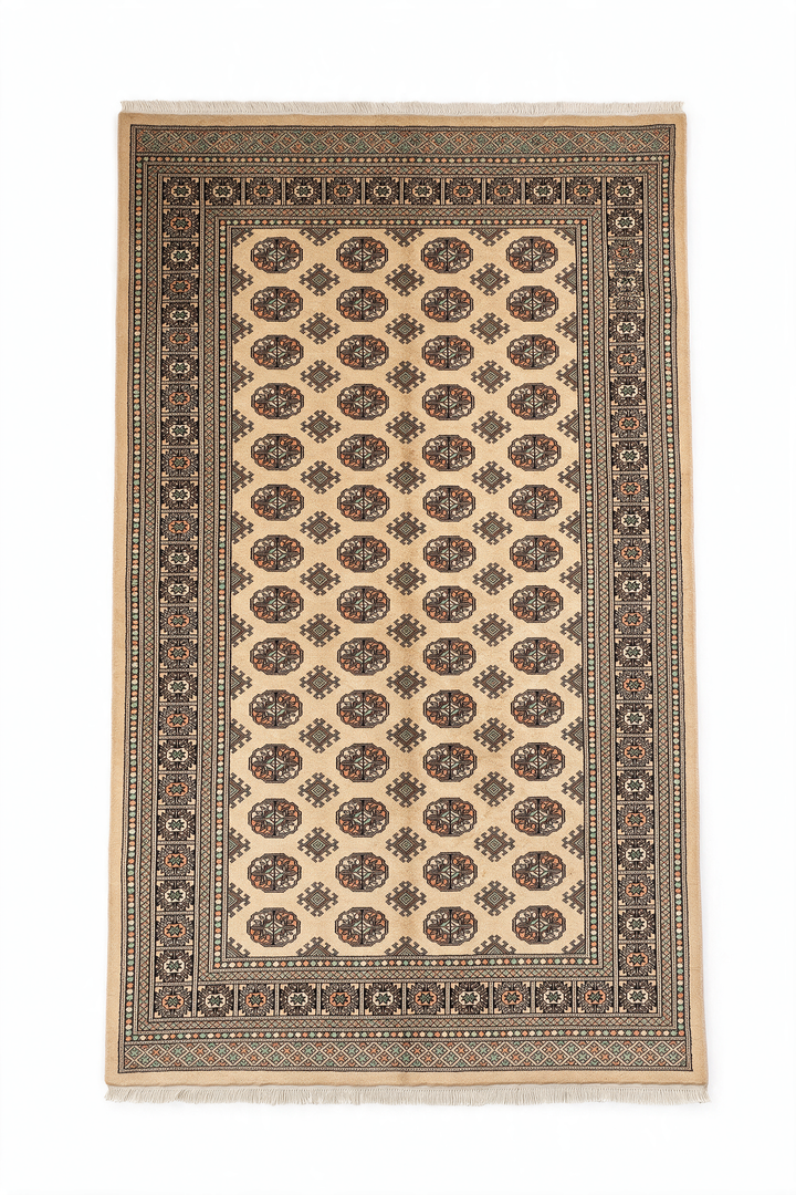 Warm Gold and Espresso Turkmen Gül Bokhara, Hand-Knotted Wool Rug