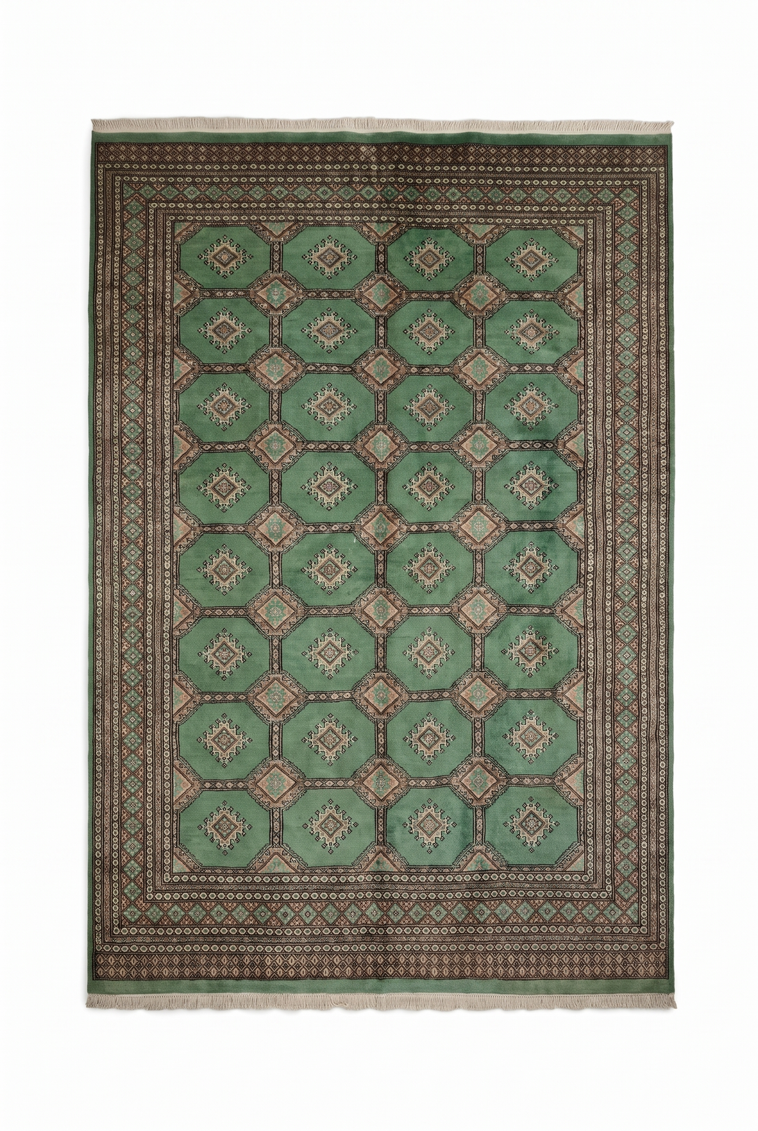 Jade Green and Cream Compartment Bokhara, Hand-Knotted Wool and Silk Rug