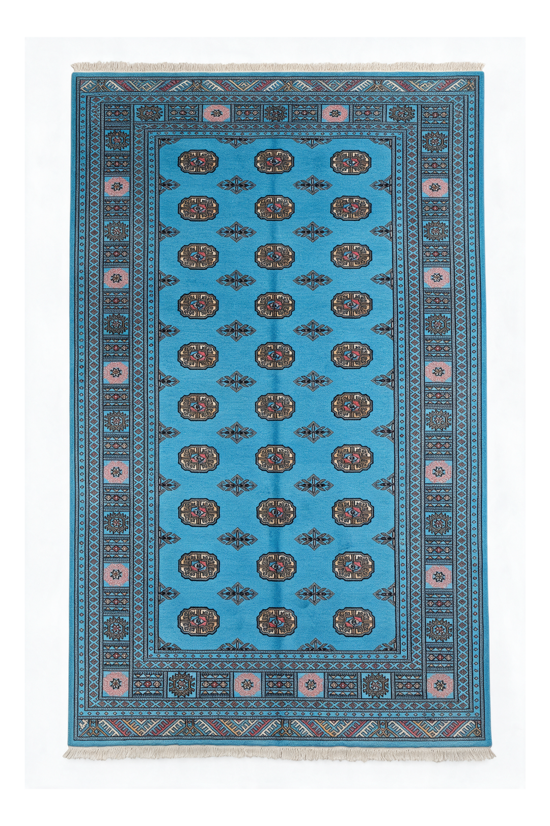 Turquoise and Ivory Turkmen Gül Bokhara, Hand-Knotted Wool Rug