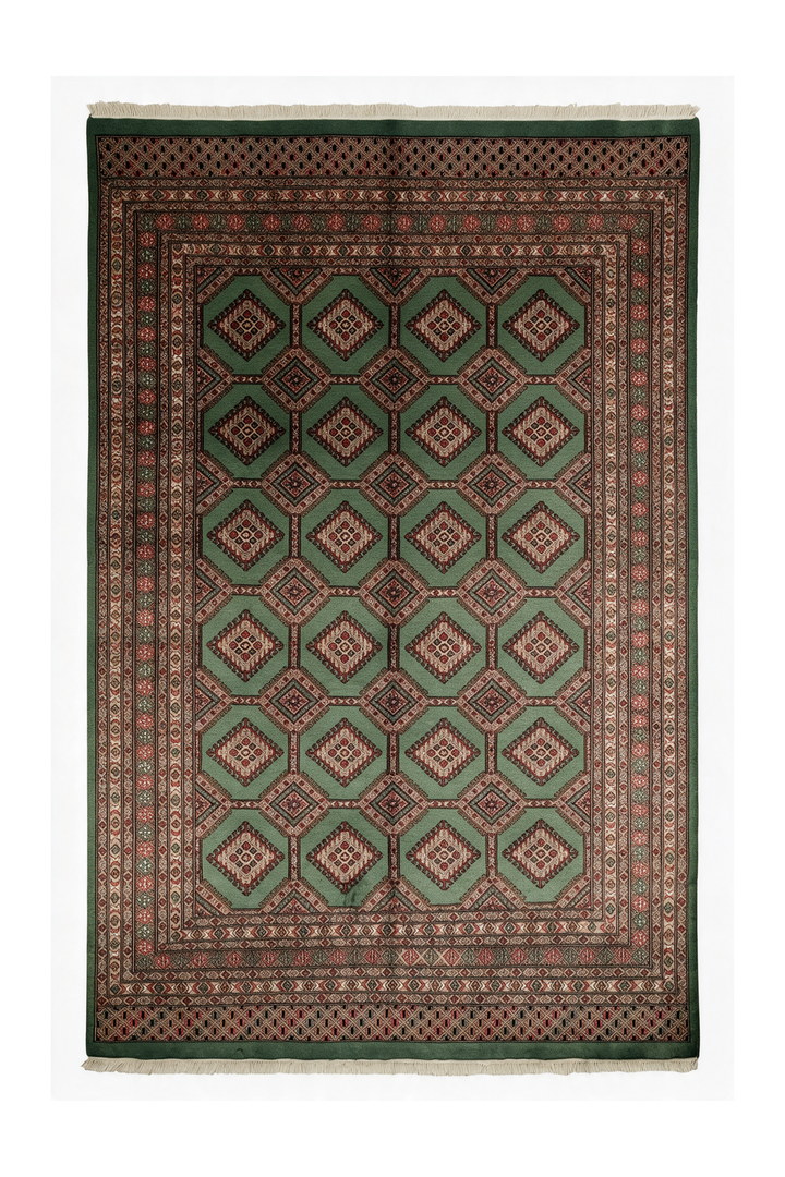 Sage Green and Taupe Compartment Lattice Bokhara, Hand-Knotted Wool Rug