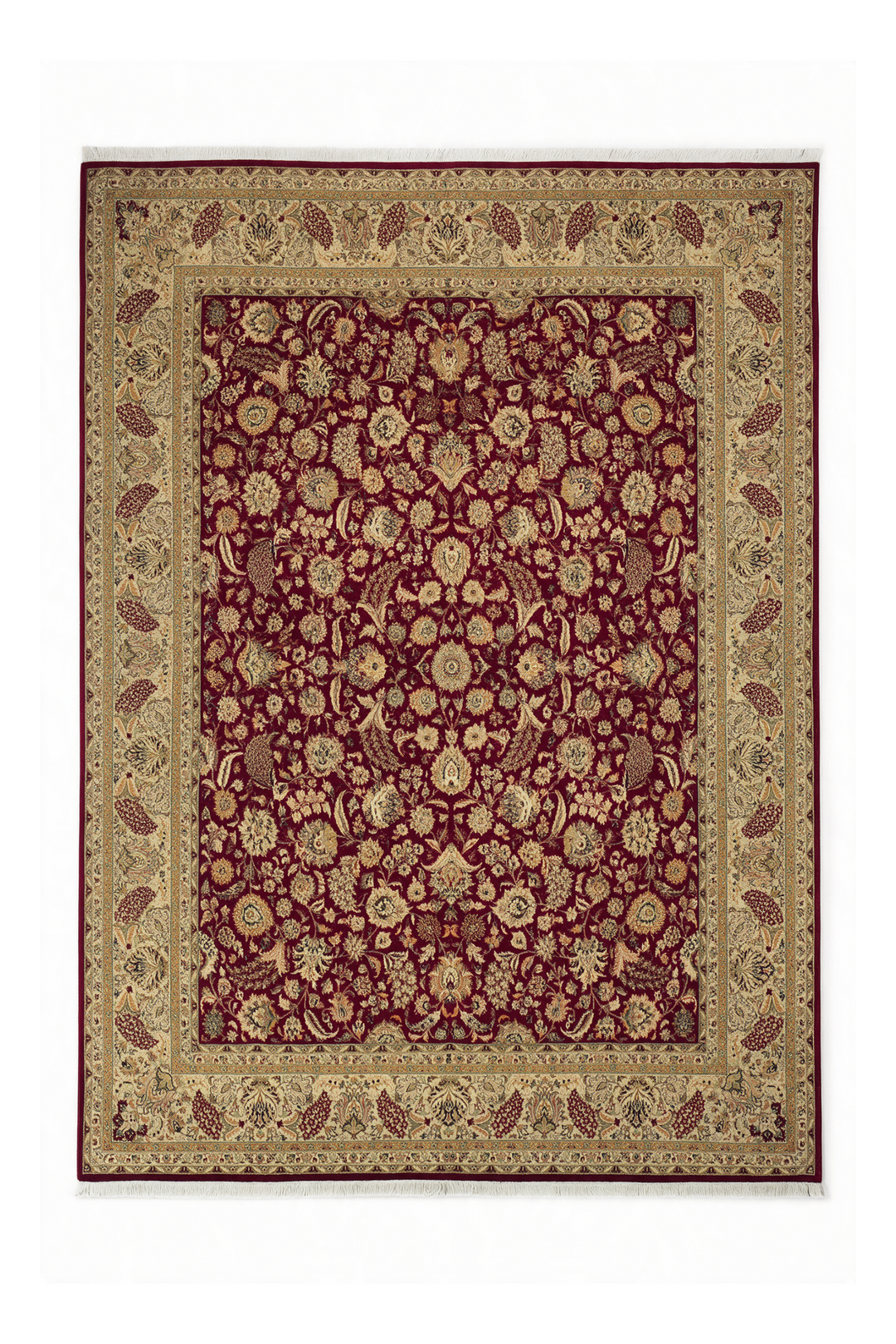 Burgundy and Camel Shah Abbasi Floral, Hand-Knotted Wool Rug