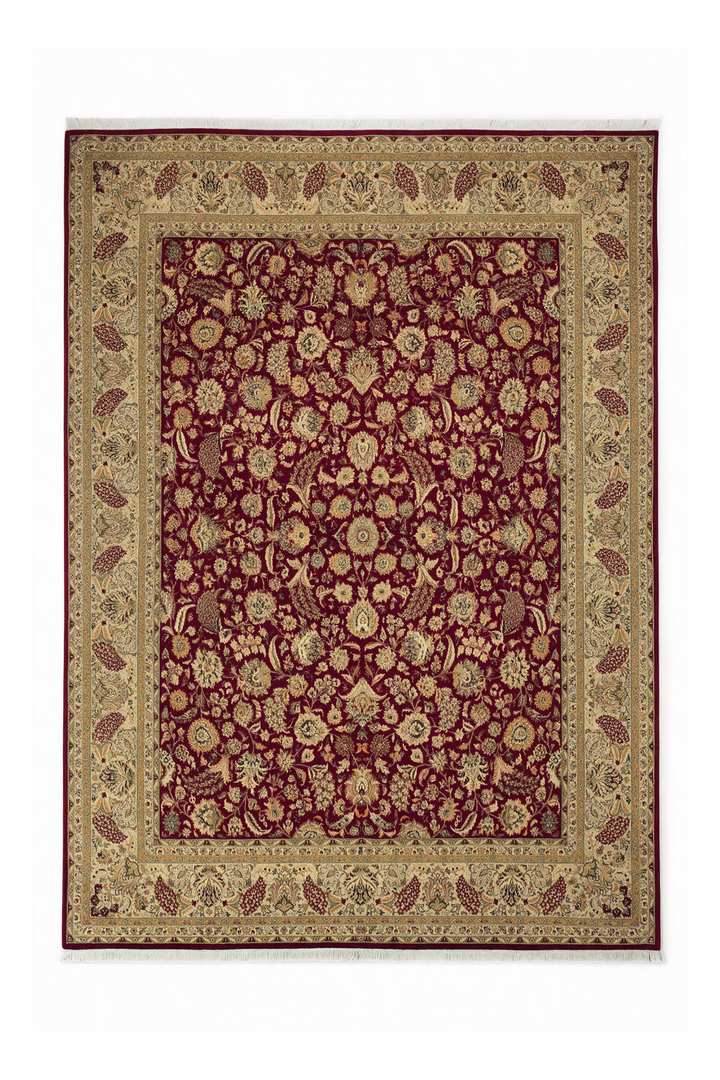 Burgundy and Camel Shah Abbasi Floral, Hand-Knotted Wool Rug