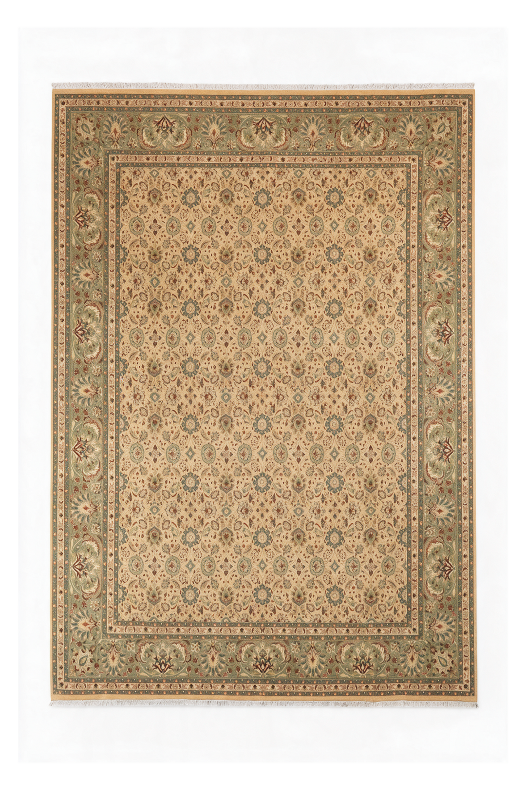 Wheat and Sage Hereke Floral, Hand-Knotted Wool Rug