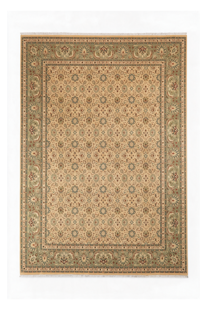 Wheat and Sage Hereke Floral, Hand-Knotted Wool Rug