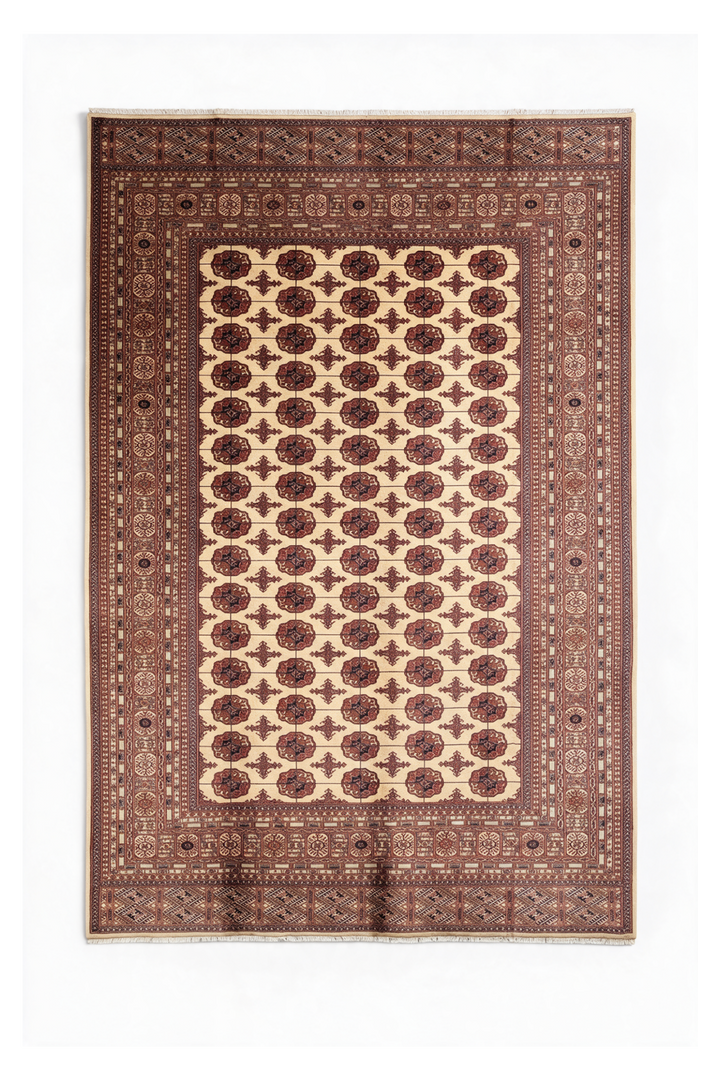Ivory and Chestnut Turkmen Gül Bokhara, Hand-Knotted Sherwan