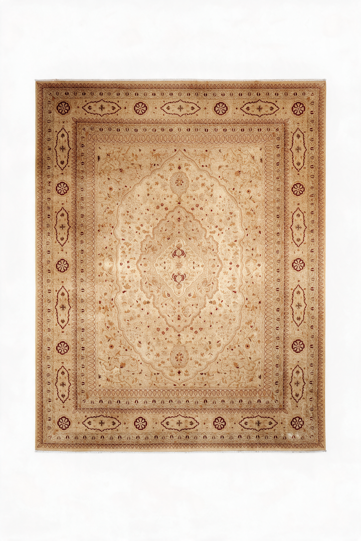 Wheat Gold Medallion Chobi, Hand-Knotted Wool Rug