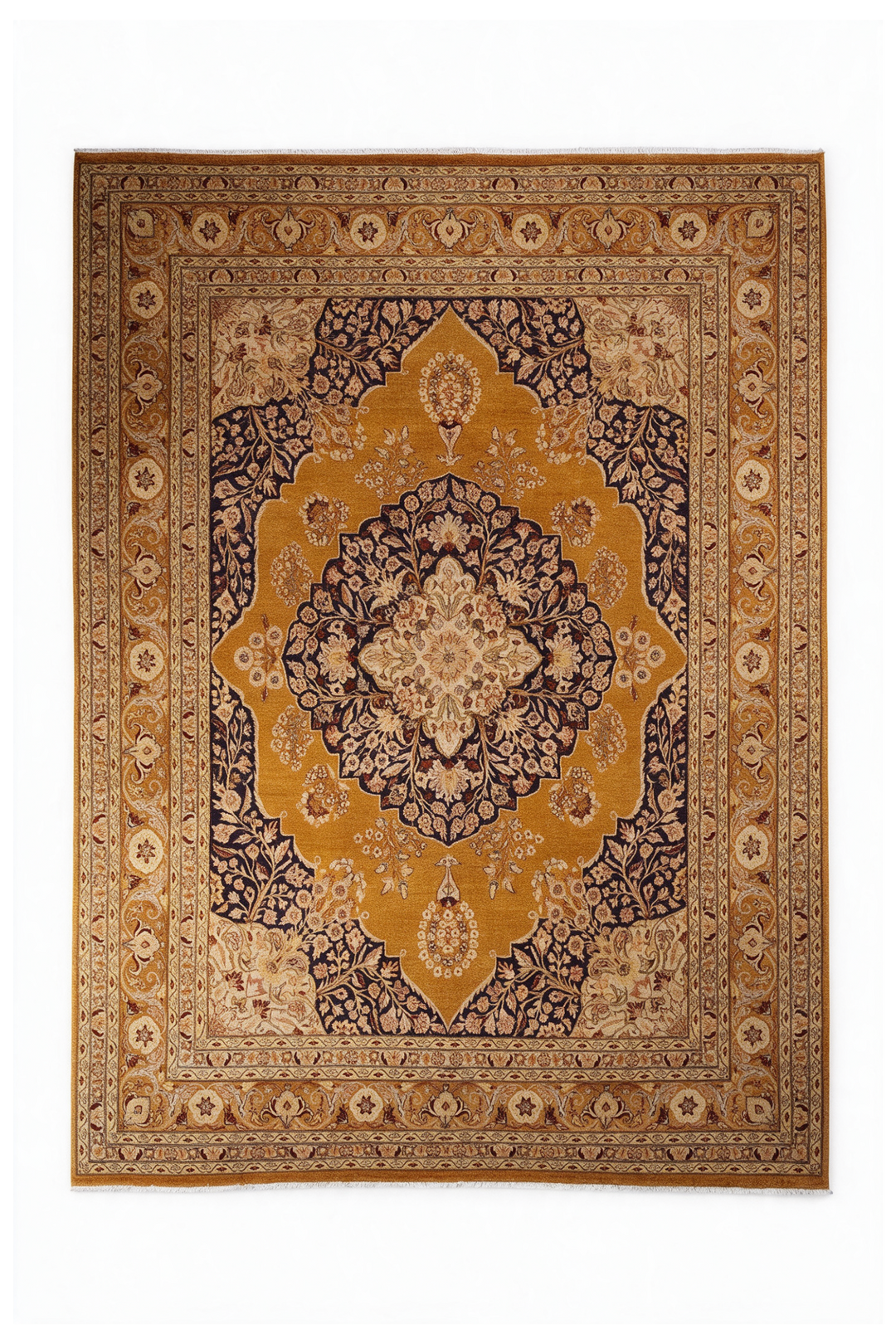 Amber and Mahogany Medallion Chobi, Hand-Knotted Wool Rug
