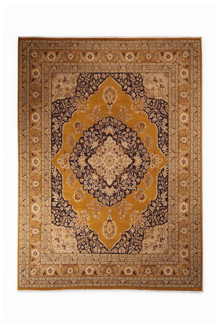 Amber and Mahogany Medallion Chobi, Hand-Knotted Wool Rug