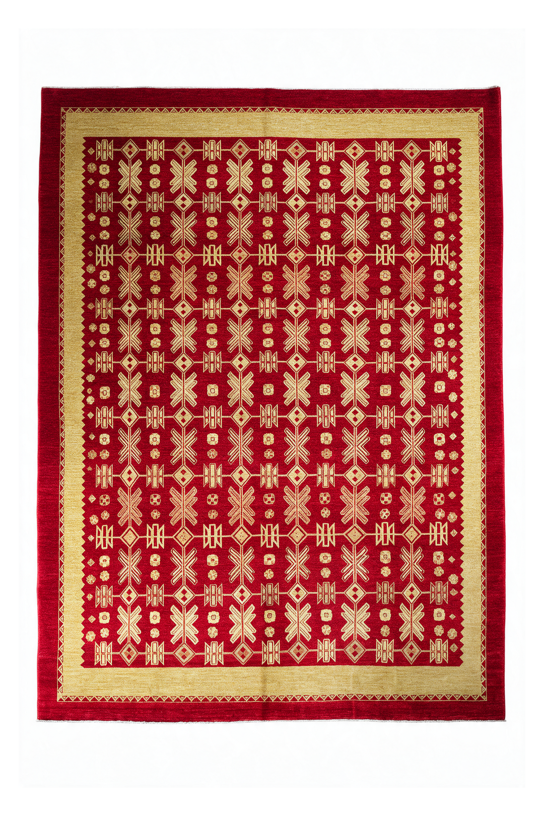 Bright Red and Wheat Gold Lattice Ghazni, Hand-Knotted Wool Rug