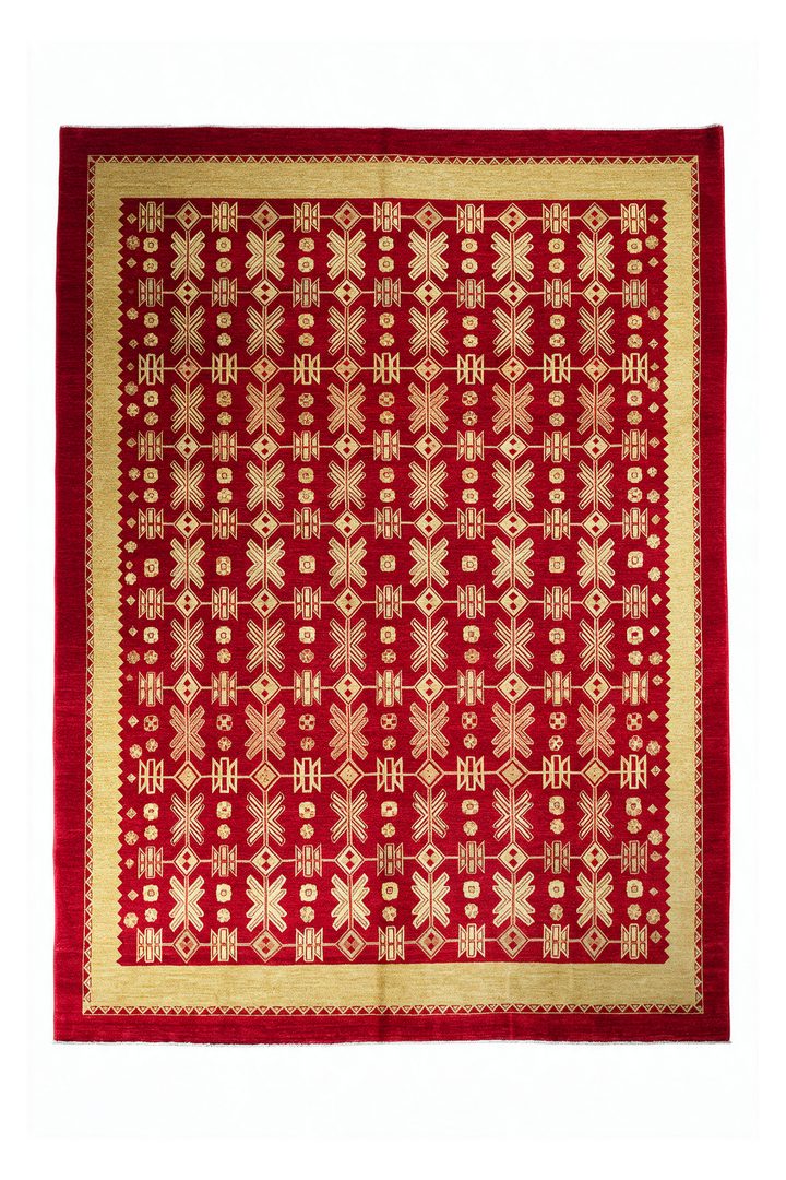 Bright Red and Wheat Gold Lattice Ghazni, Hand-Knotted Wool Rug