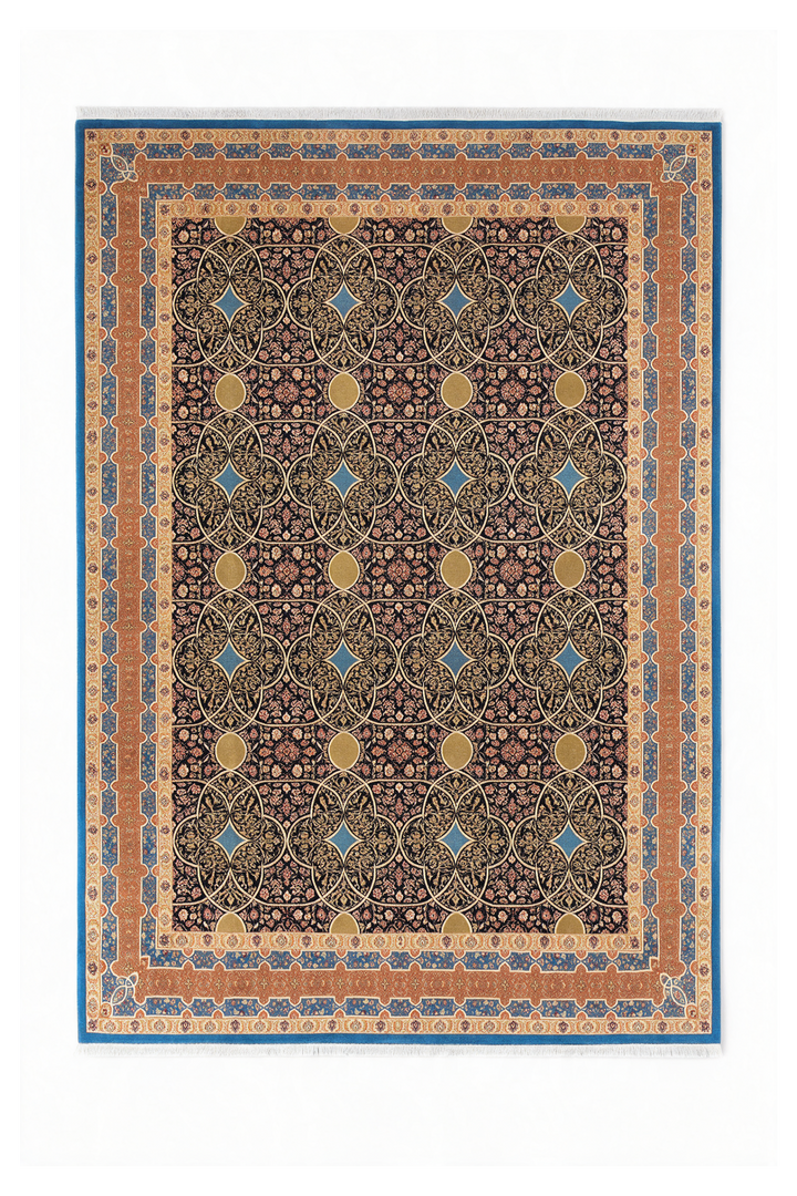 Espresso and Peach Circle Lattice, Hand-Knotted Wool Rug