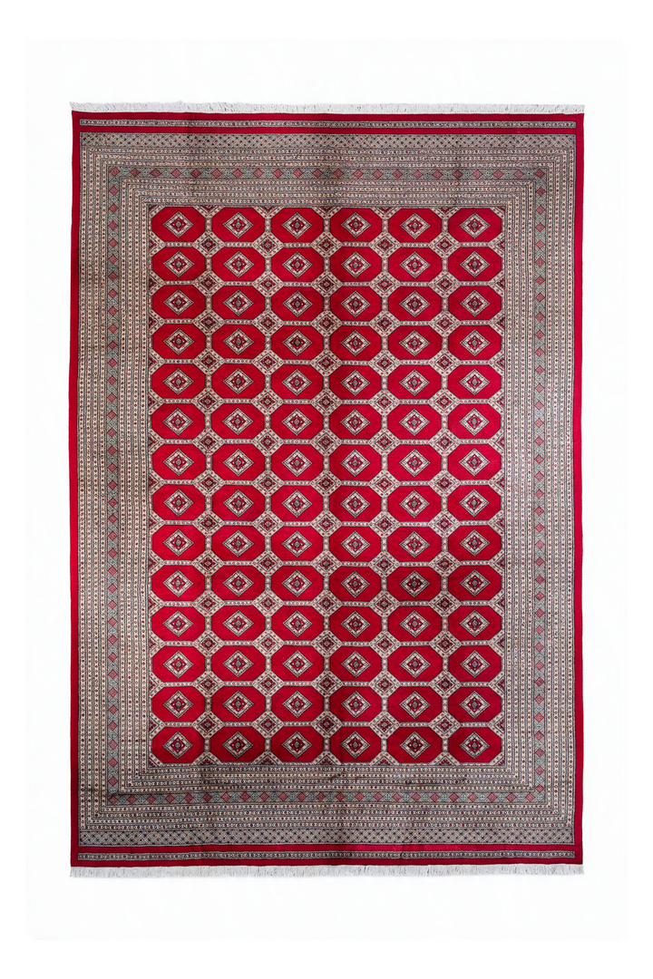 Ruby Red Diamond Lattice Bokhara, Hand-Knotted Wool Rug
