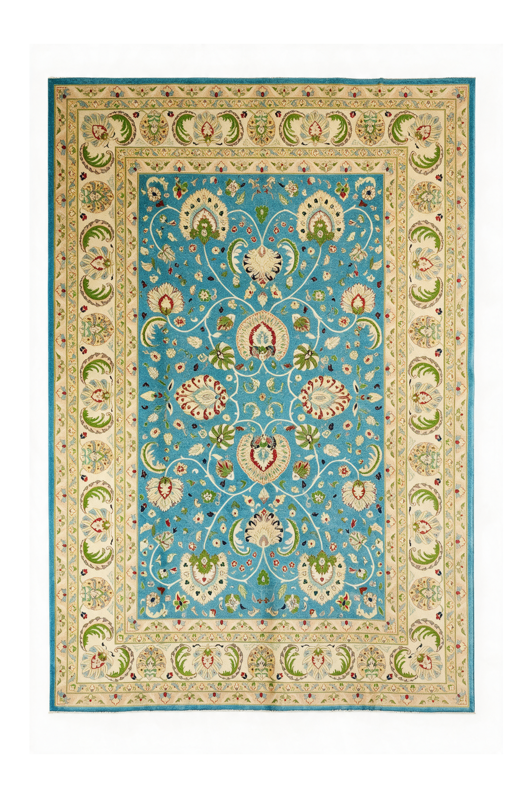 Turquoise and Cream Floral Ghazni, Hand-Knotted Wool Rug