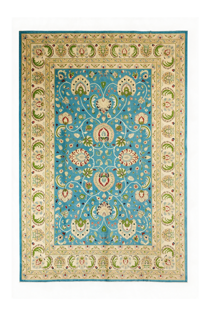 Turquoise and Cream Floral Ghazni, Hand-Knotted Wool Rug