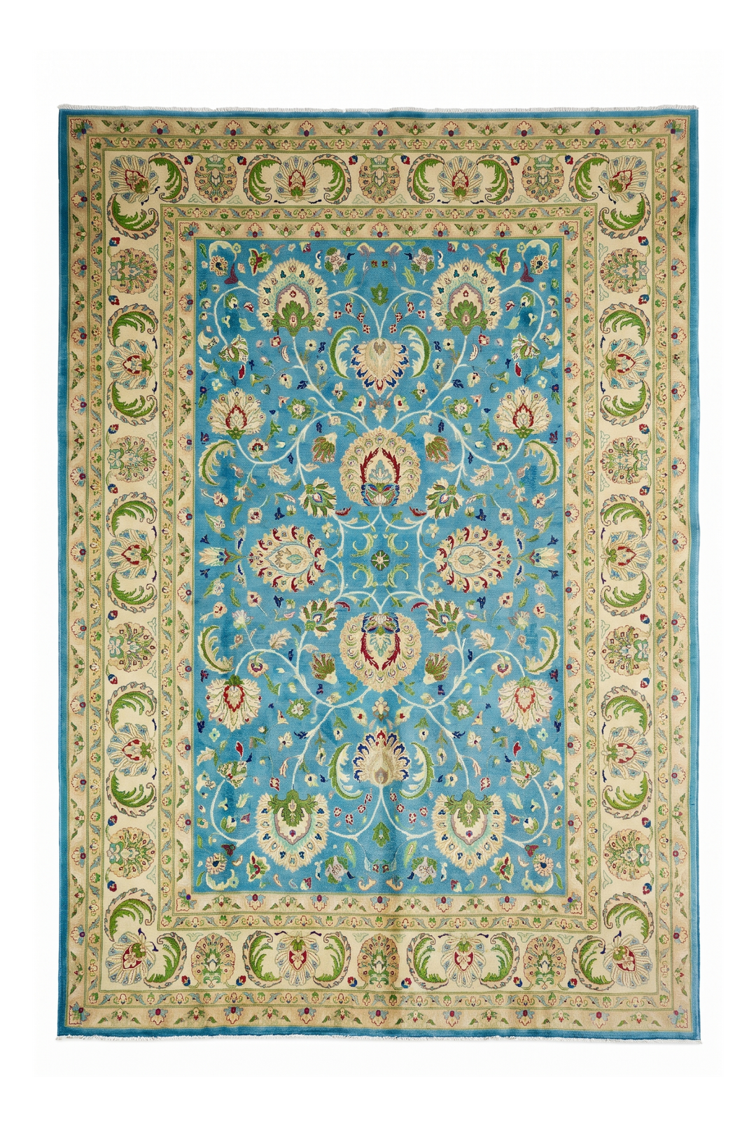 Turquoise and Cream Floral Ghazni, Hand-Knotted Wool Rug