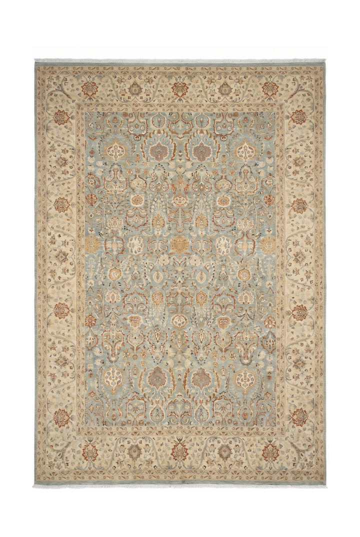 Pale Sage and Sandstone Floral Ghazni, Hand-Knotted Wool Rug