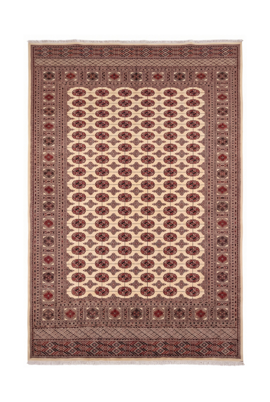 Ivory and Rust Turkmen Gül Bokhara, Hand-Knotted Wool Rug