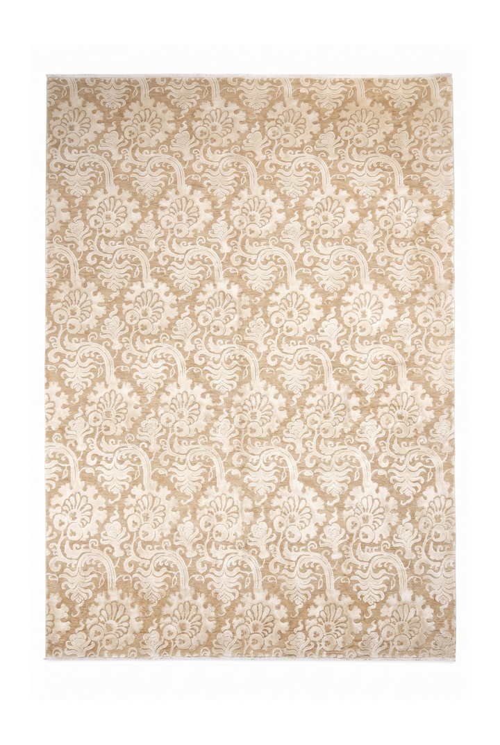 Ivory and Camel Damask Ghazni, Hand-Knotted Wool and Silk Rug