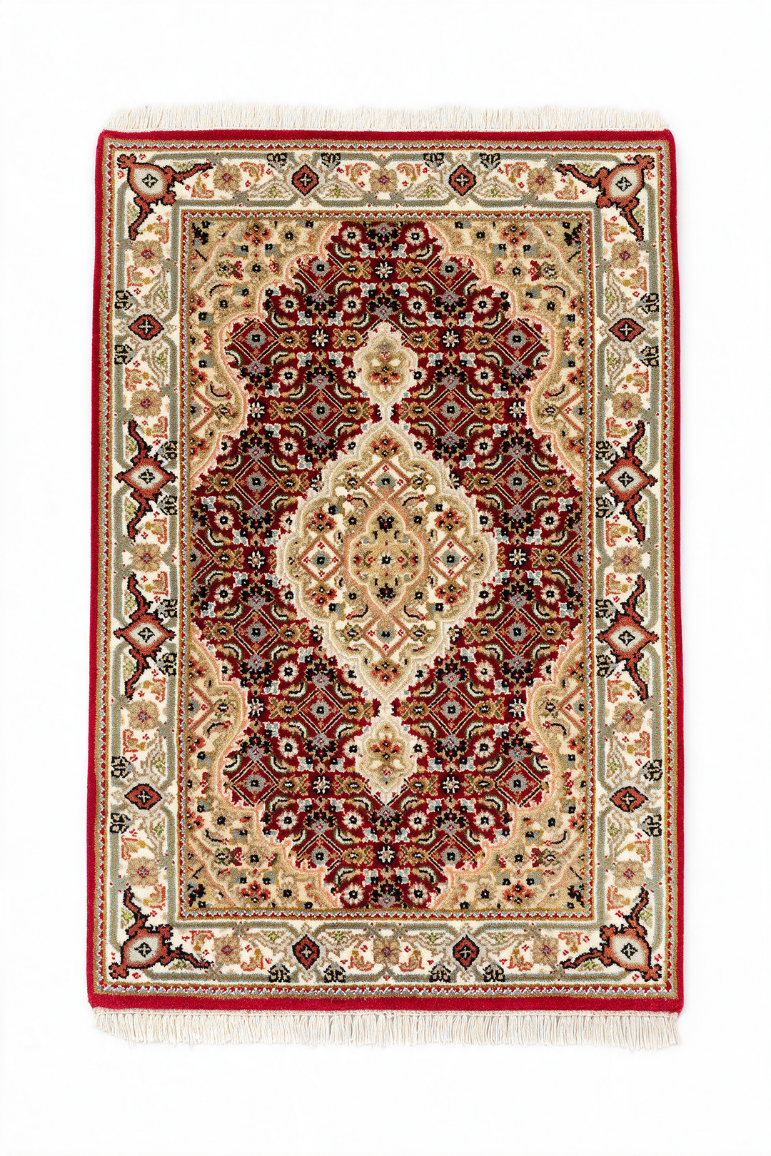 Brick Red and Sandstone Mahi Medallion Tabriz, Hand-Knotted Wool Rug