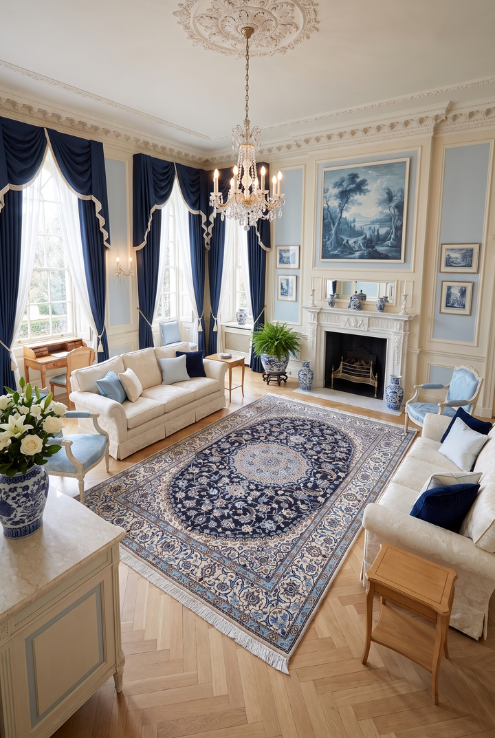 Navy and Ivory Medallion Nain, Hand-Knotted Wool Rug
