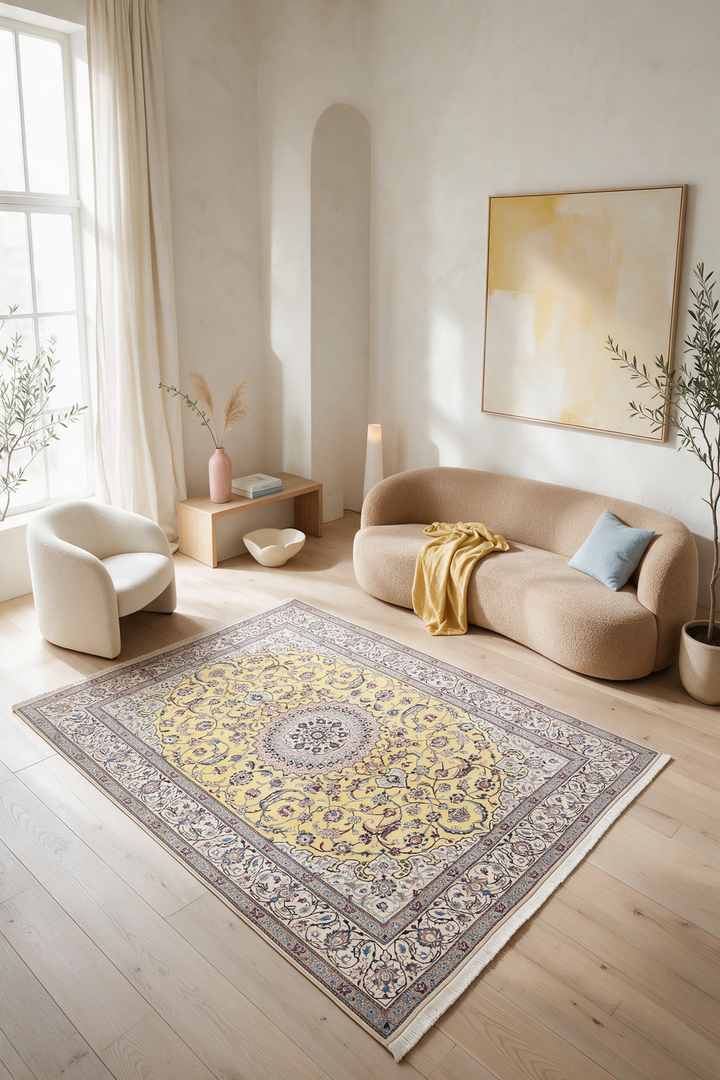 Saffron Yellow Medallion Nain, Hand-Knotted Wool Rug