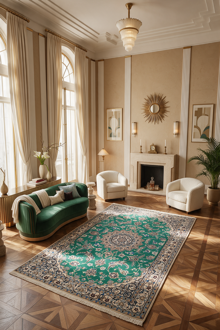 Emerald Green Medallion Nain, Hand-Knotted Wool Rug