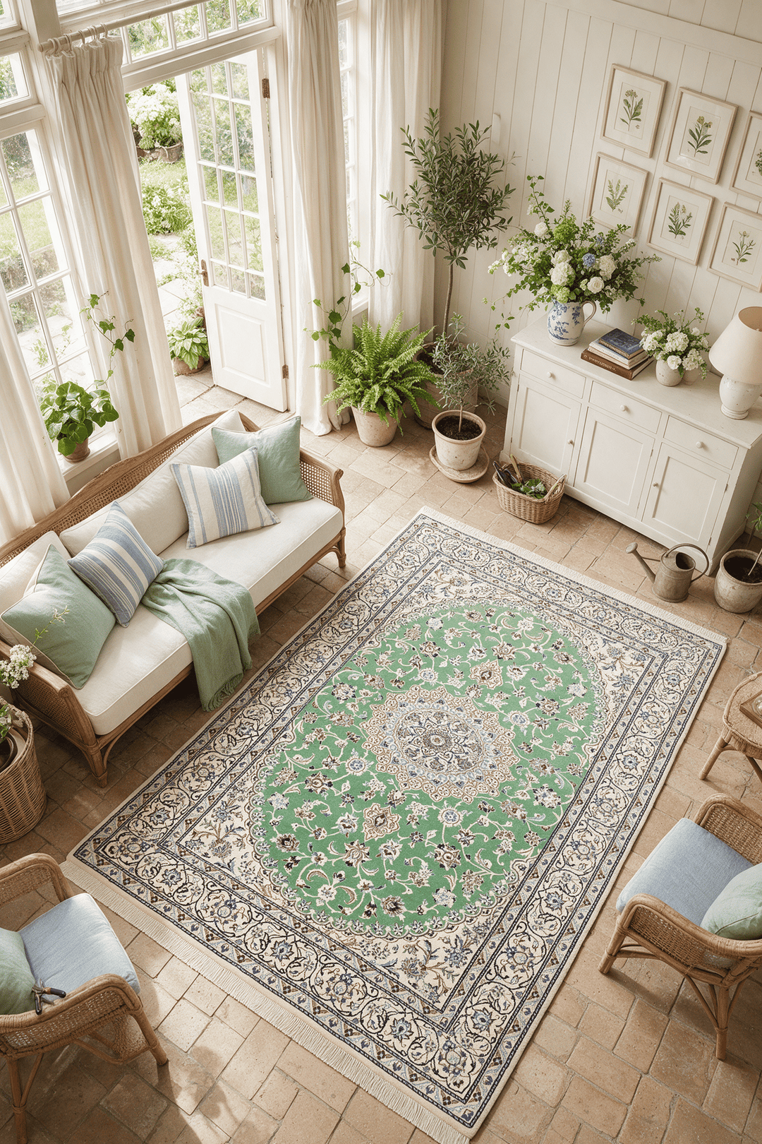 Pistachio Green Medallion Nain, Hand-Knotted Wool Rug
