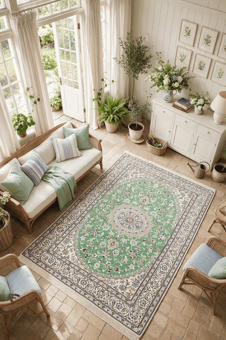 Pistachio Green Medallion Nain, Hand-Knotted Wool Rug
