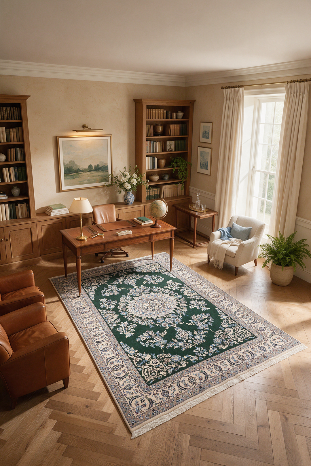 Forest Green Medallion Nain, Hand-Knotted Wool Rug