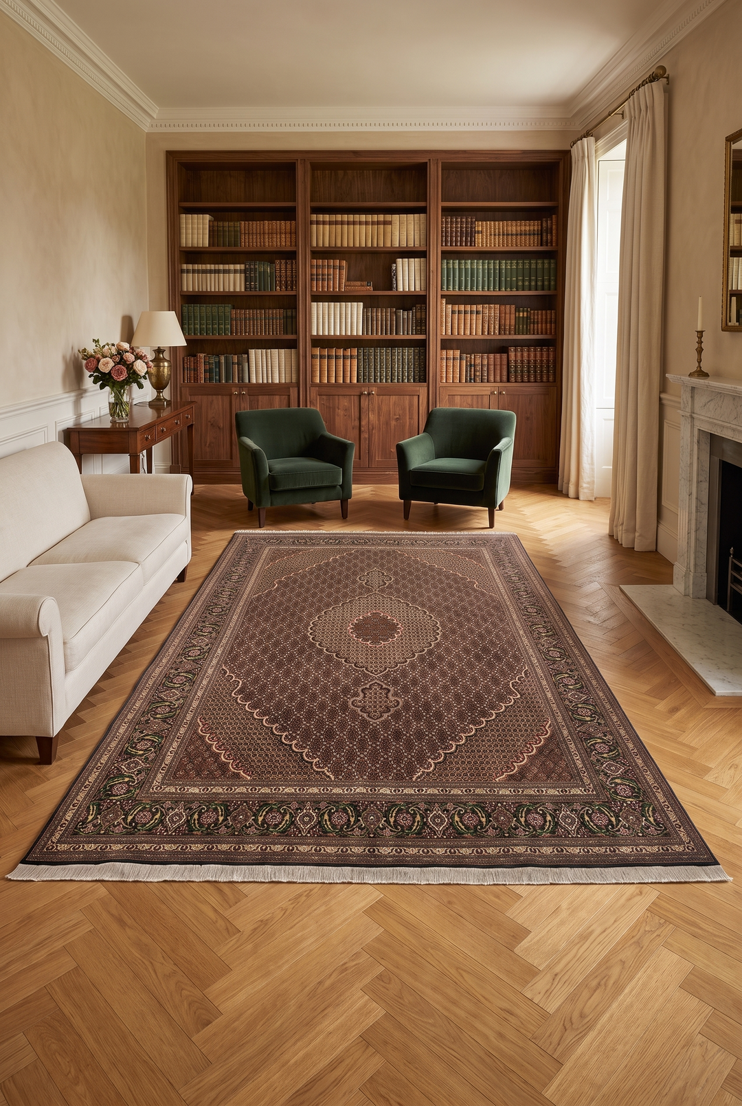 Brown Mahi Medallion Tabriz, Hand-Knotted Wool Rug