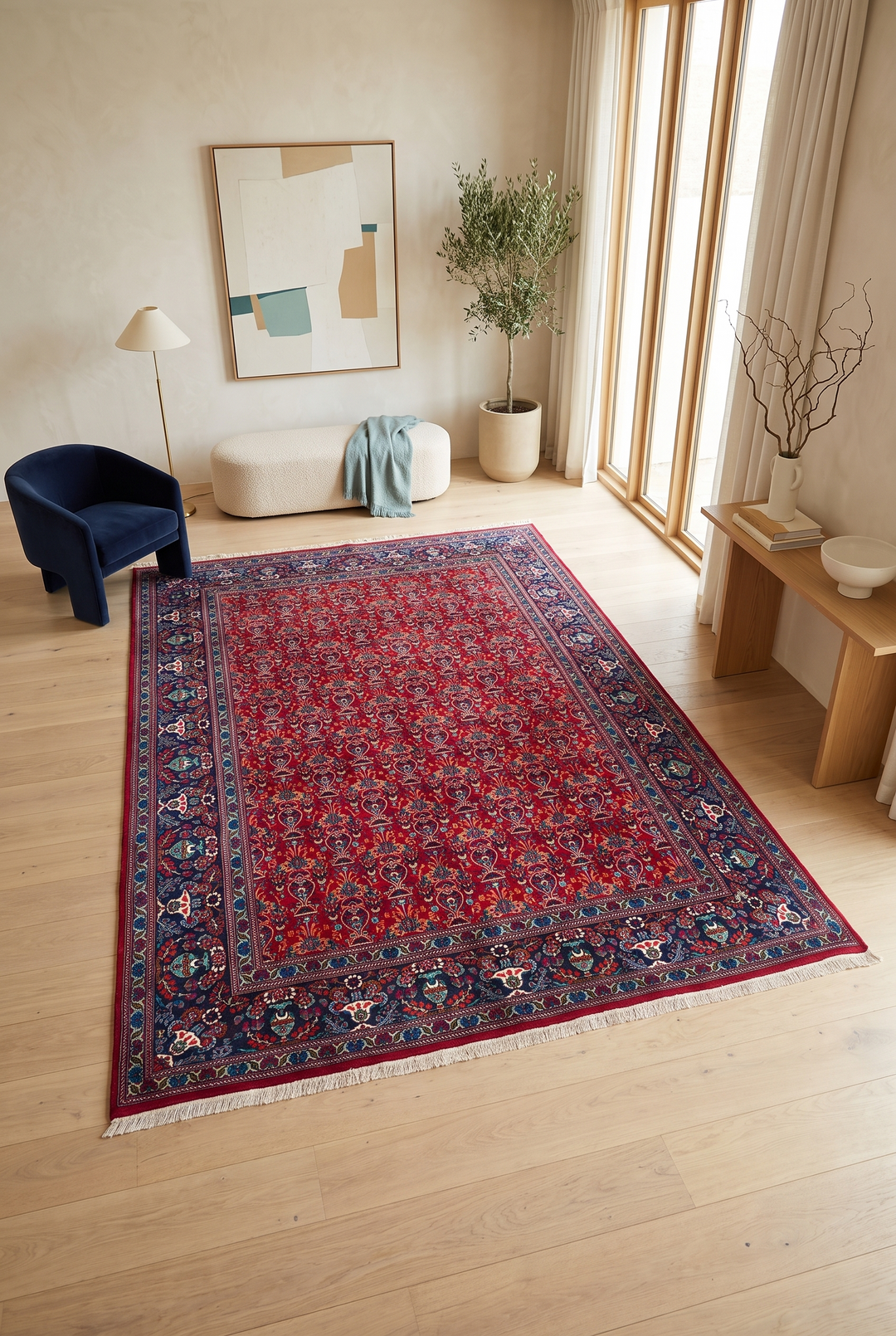 Cherry Red Boteh Moud, Hand-Knotted Wool Rug
