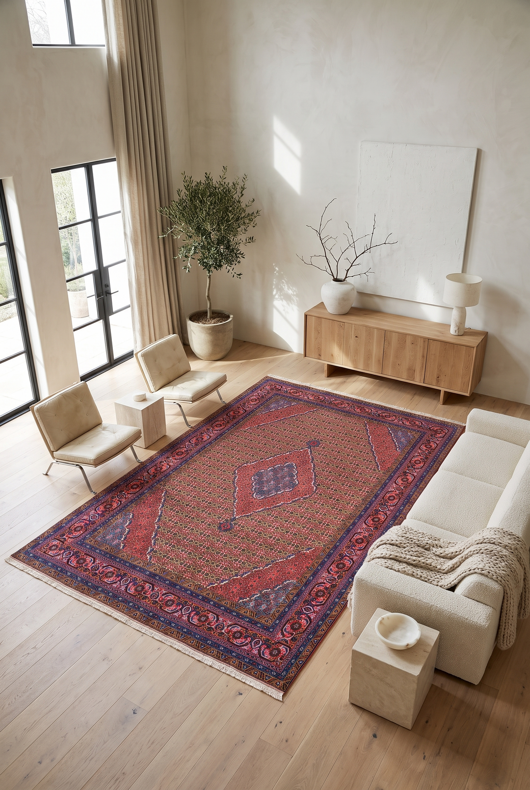 Mahi medallion detail in camel on Persian Ardabil rug