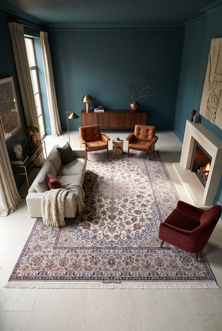 Ivory and Grey Medallion Yazdani Isfahan, Hand-Knotted Wool Rug
