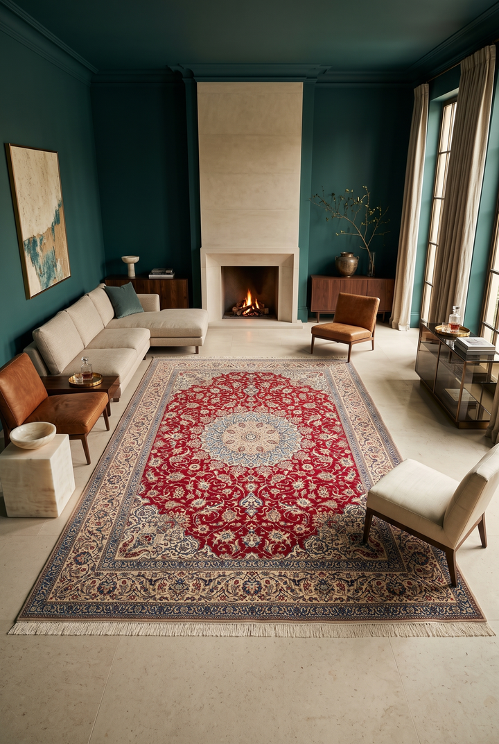 Red and Cream Medallion Nain Shesh La, Hand-Knotted Wool Rug
