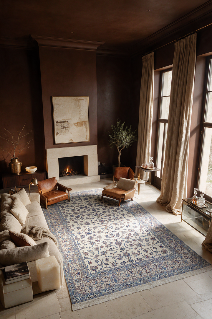 Ivory and Blue All-Over Arabesque Nain, Hand-Knotted Wool Rug