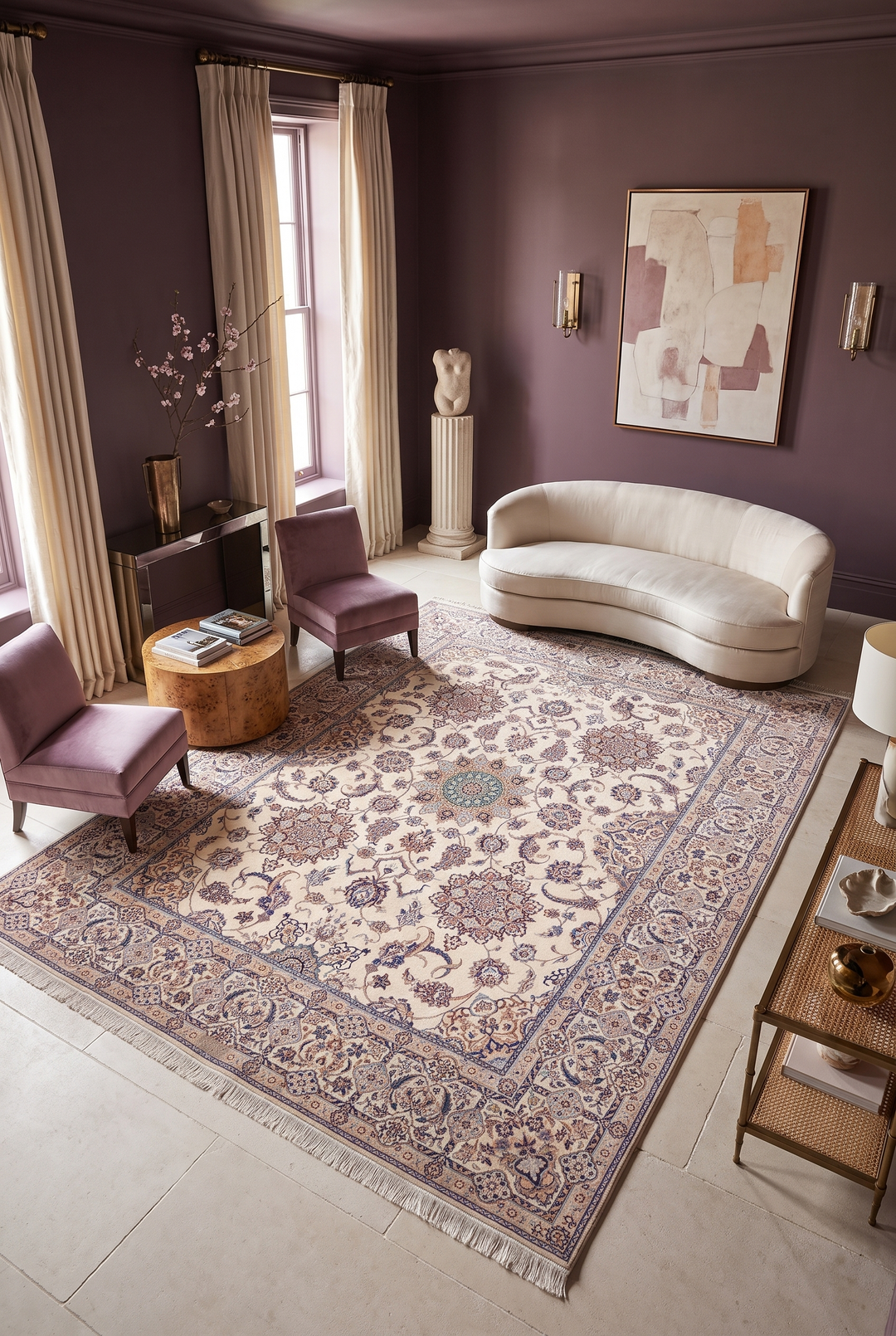 Ivory and Beige Five Medallion Nain, Hand-Knotted Wool Rug
